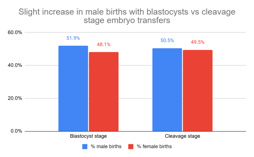 slight increase in male births with blastocysts vs cleavage stage embryo transfers